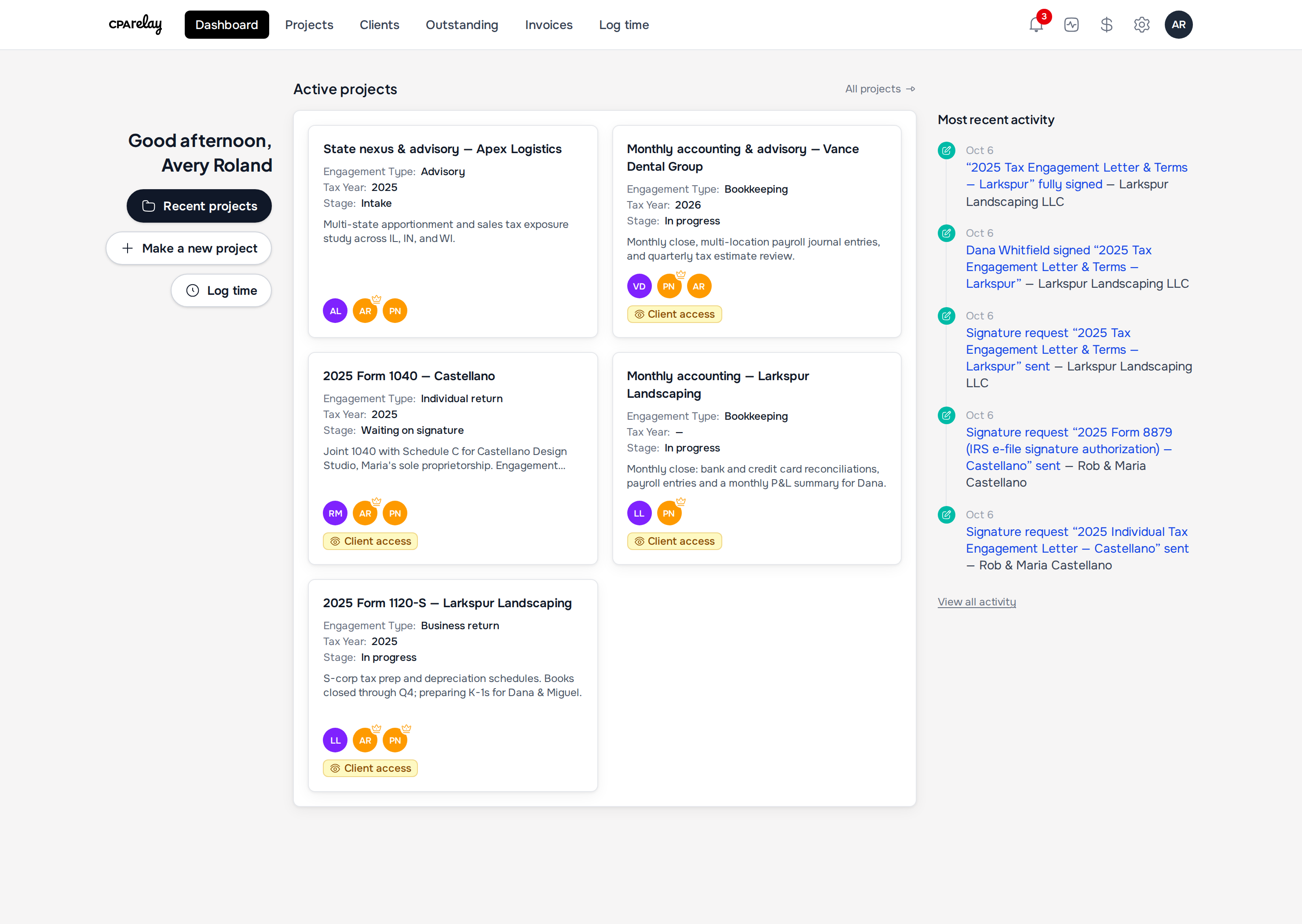 CPA Relay dashboard showing active client projects, team leads, and real-time firm activity