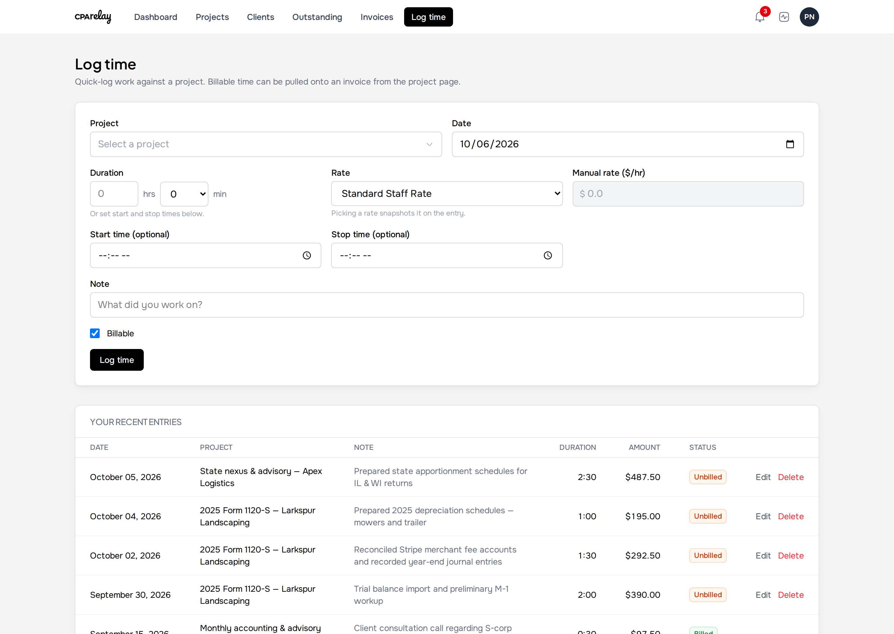 Logging billable time against a project using Price Book labor rates in CPA Relay