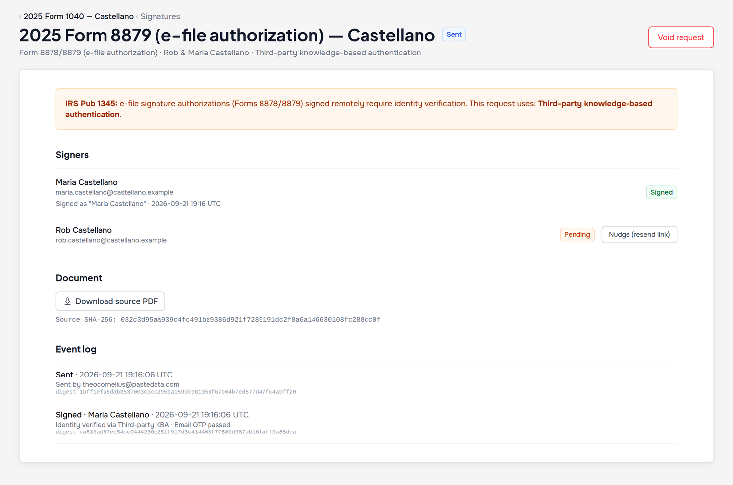 Form 8879 signature request with identity verification and SHA-256 audit trail in CPA Relay