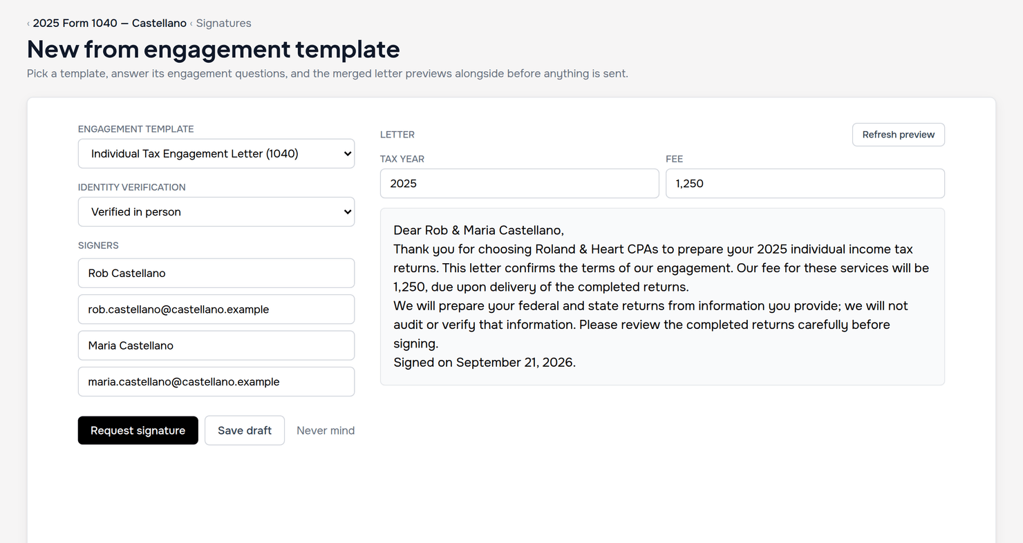 Engagement letter template builder with merge fields and live preview in CPA Relay