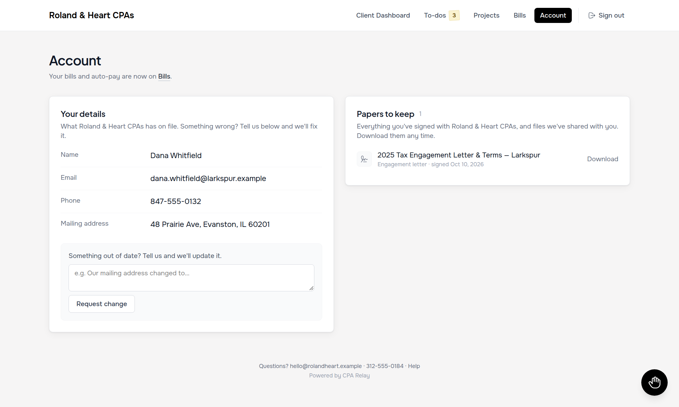 Client portal Account page showing Your details, Papers to keep, and Profile change request