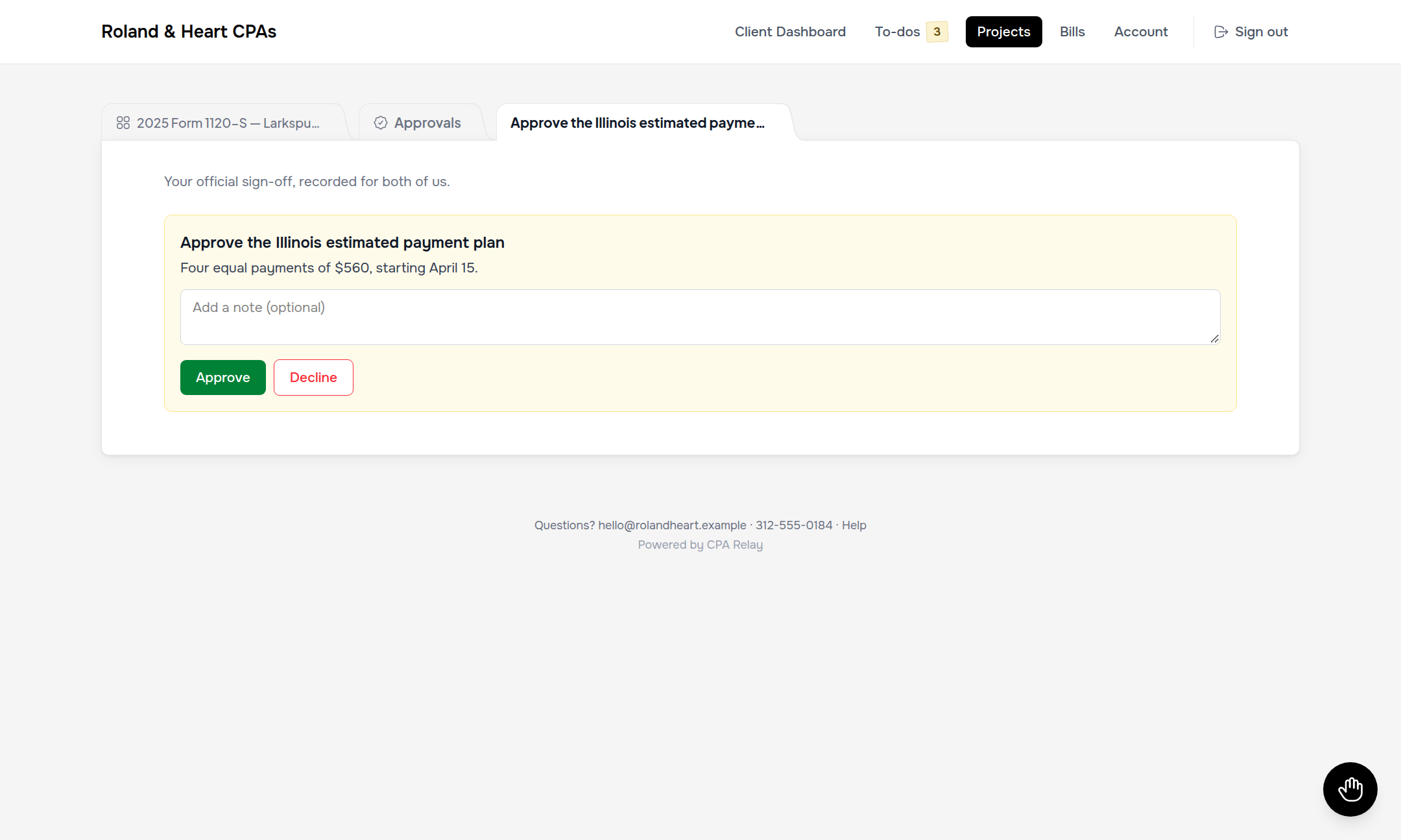 Client portal dedicated Approval review page showing draft return review and 1-click decision