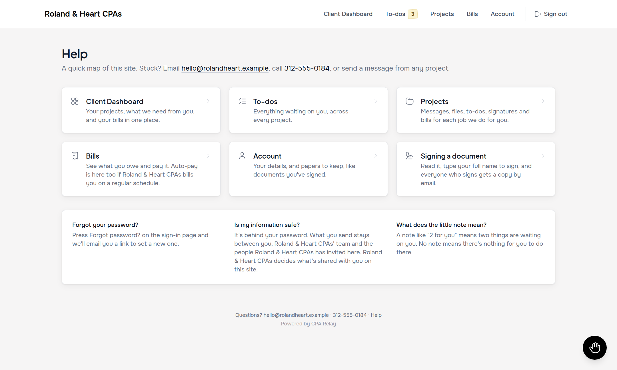 Client portal full Help page (/my/help) with section cards and common questions
