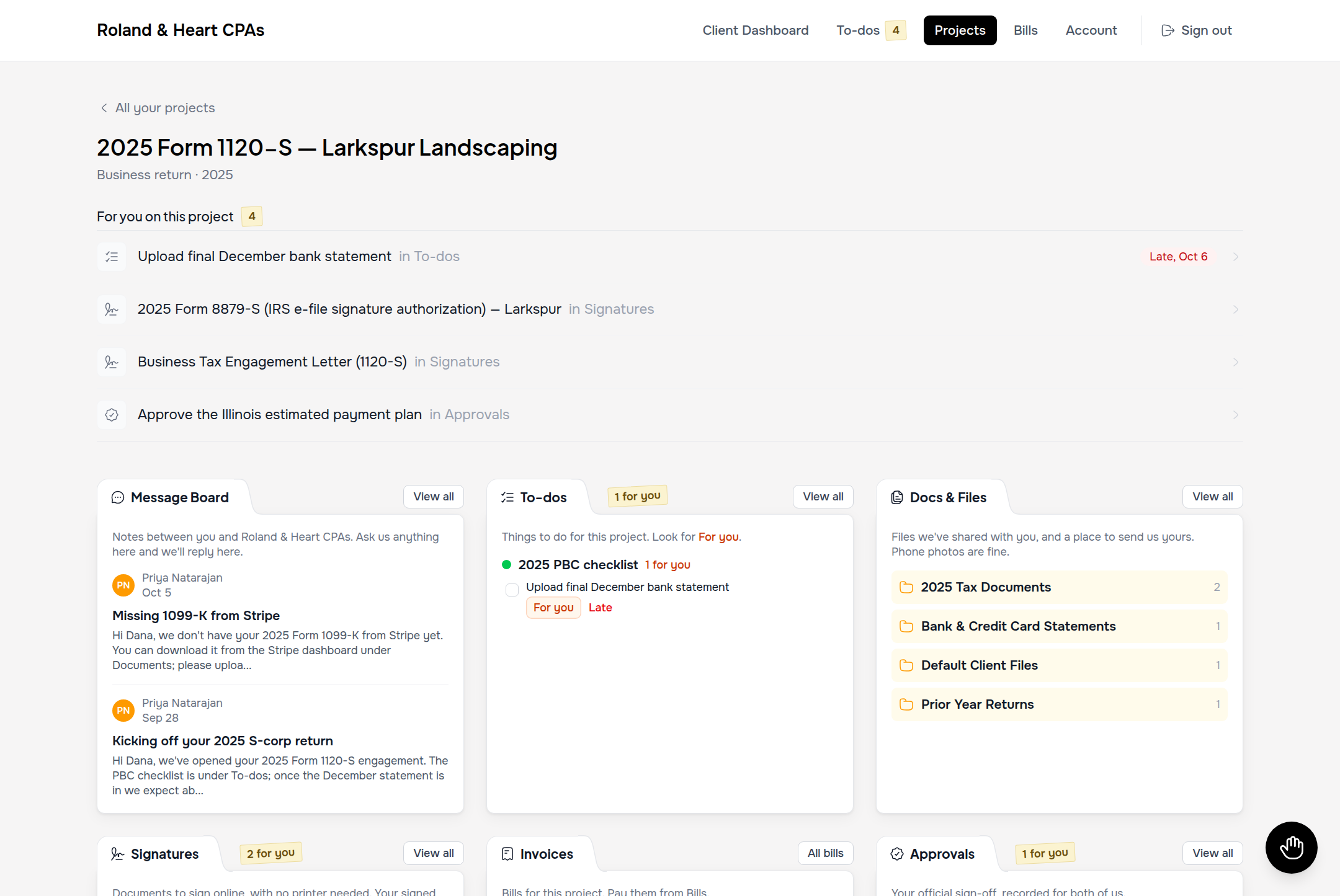 Inside a project: Hairline 'For you on this project' list between two rules with origin pills and project tool cards