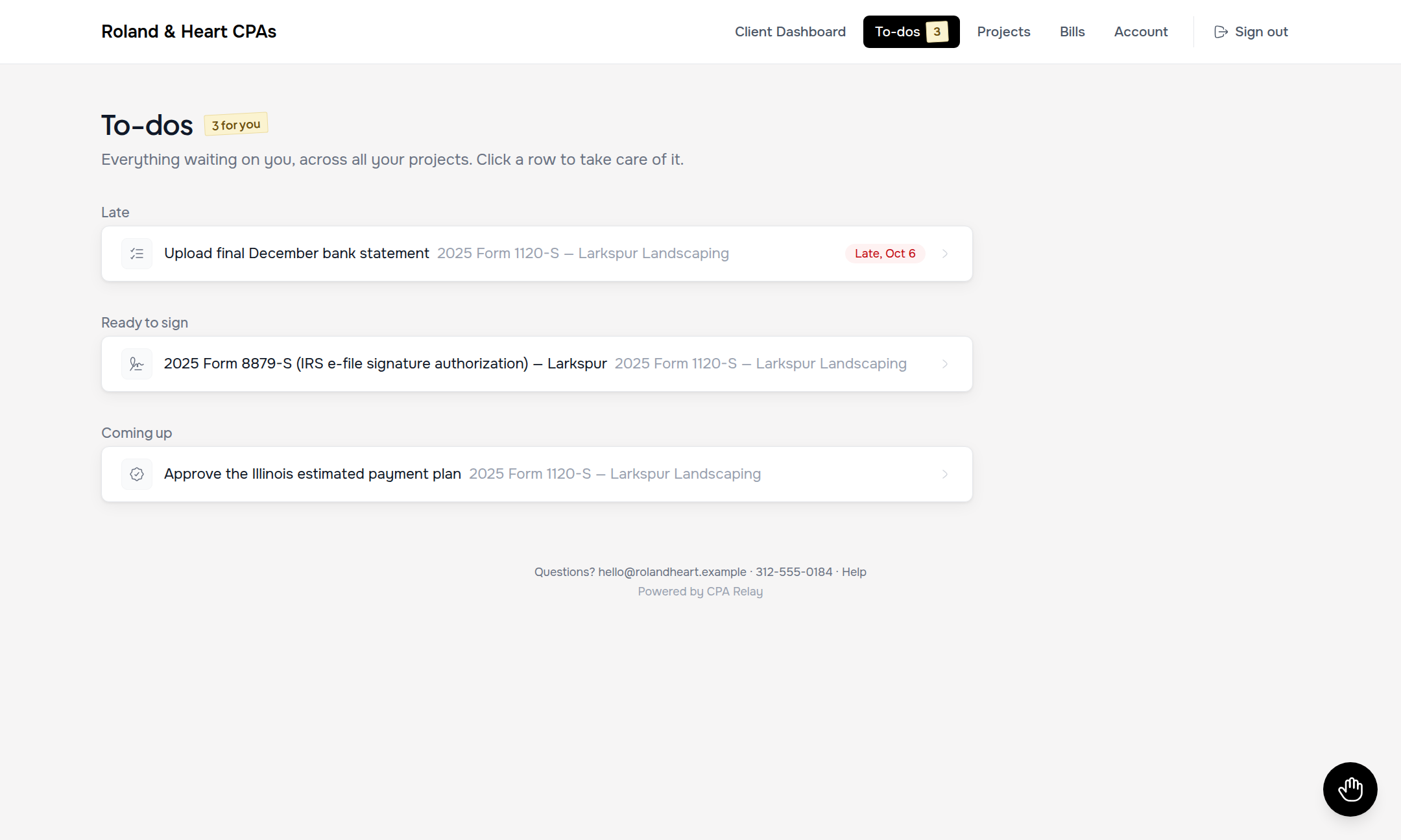 Client portal To-dos page grouped into Late, Ready to sign, Due this week, and Coming up